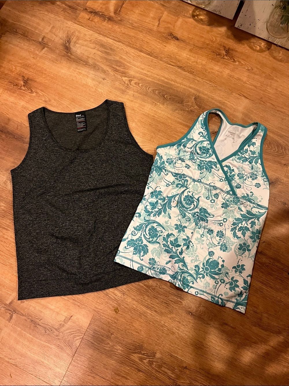 Danskin Teal and White Floral Wrap-Style Tank Top and Grey Tank Top
